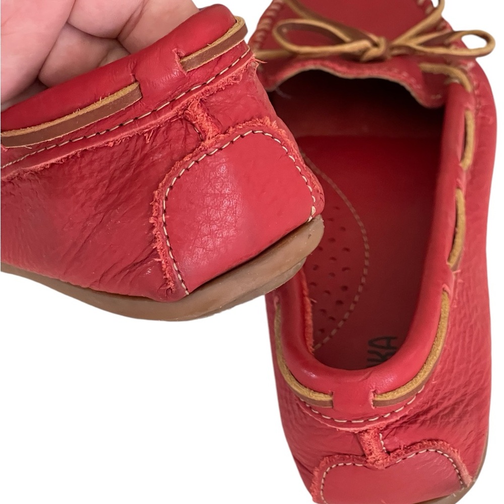 Minnetonka Red Soft Leather Moccasins Loafers Women’s Sz 10 Tan Leather Laces - Picture 6 of 10